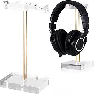 Geetery Acrylic Headphone Stand Headset Holder with Gold Hardware Transparent Desktop Gaming Clear Headset Stand for Desk with 2 Headset Hanger Rack Office Accessories