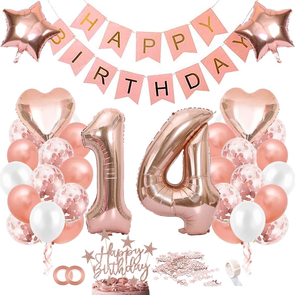 TOPHOPE Luftballon 14. Geburtstag Roségold Folienballon Luftballon Zahlen Geburtstagsdeko Mädchen 14 Jahr Riesen Folienballon Zahl 14 Ballon 14 Deko zum Geburtstag Roségold Happy Birthday