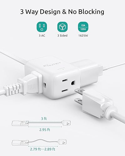 Miniatura 3 de Cable de extensión plano corto de 3 pies, certificado ETL, cable de extensión de 3 puntas para interiores, enchufe de pared plana con cubierta de