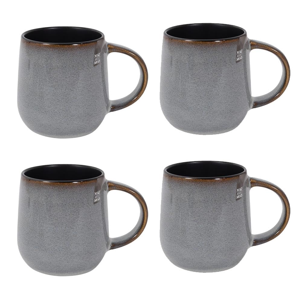 Set of 4 Reactive Glaze Mugs - 13 Ounce 430ml Stoneware - Grey Pattern Black Interior - Tea Coffee Cups Latte Cappuccino Hot Chocolate Drinks - Home Kitchen Work Office Mug Set