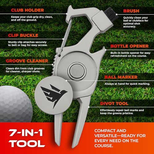 SWIFTEE Golf Divot Pitch Mark Repair Tool 7-in-1 - Club Holder, Brush, Clip Buckle, Groove Cleaner, Bottle Opener, Ball Marker, Divot Tool - Gift Box Included - Image 4