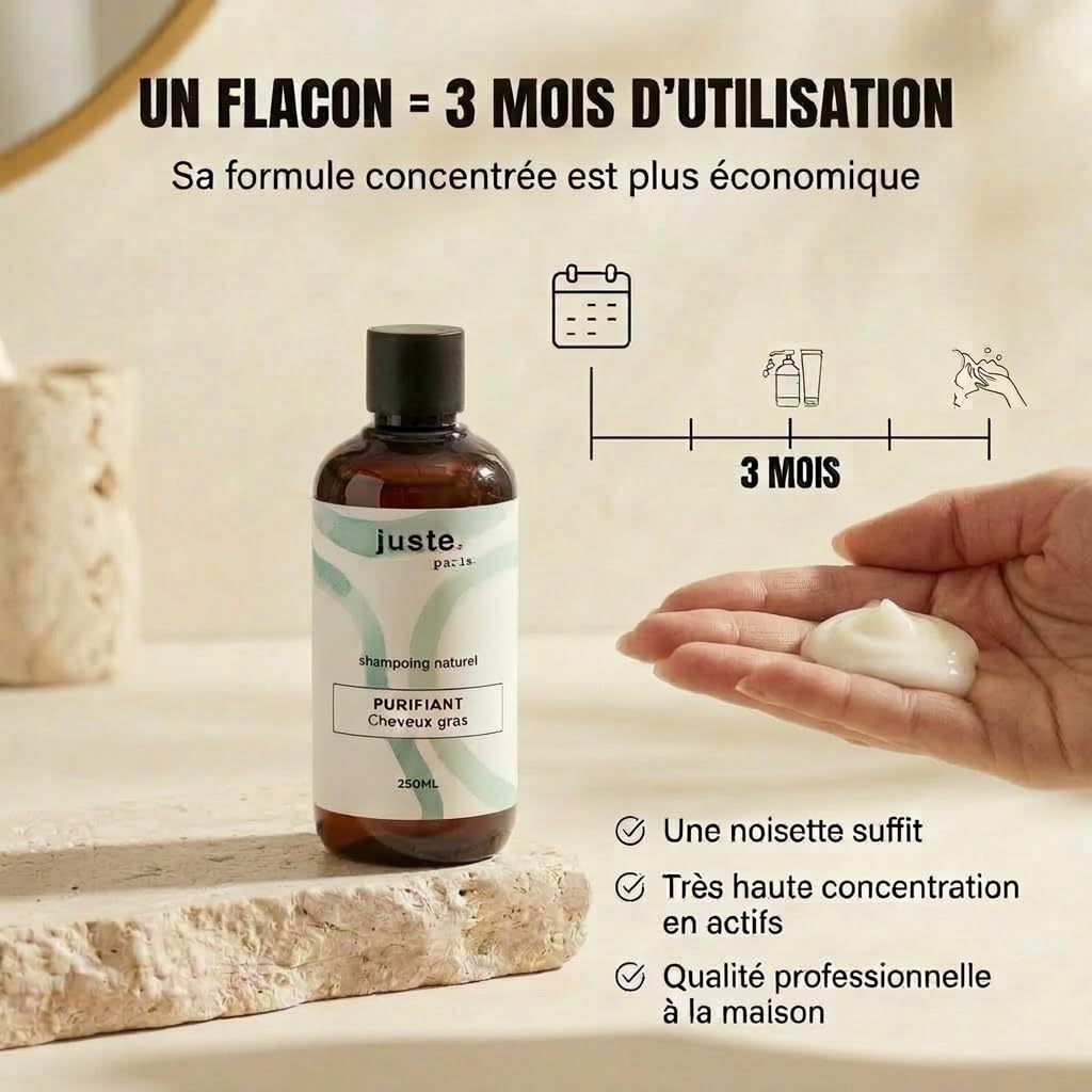 Juste Paris Routine Complète Cheveux Gras – Shampoing Purifiant + Après Shampoing Purifiant + Masque BIO – Régule le sébum, hydrate sans graisser et espace les lavages – Fabriqué en France