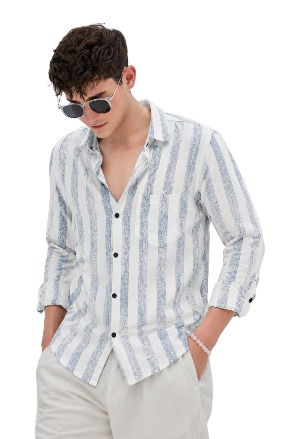xstitch Men's Striped Long Sleeve Button-Up Shirt, White and Beige-picture-24