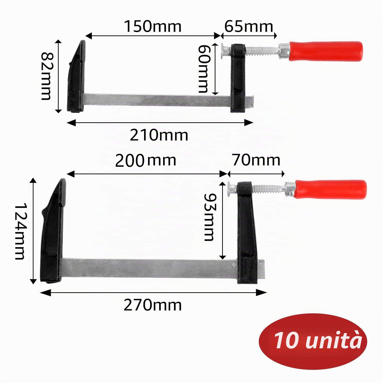 YAYODS Set di 10 Morsetti a Vite per Legno, 5 Pezzi da 150x50mm e 5 Pezzi da 200x80mm, Strettoi Professionali con Impugnatura Ergonomica e Protezioni in Plastica, Ideali per Falegnameria e Fai-da-Te