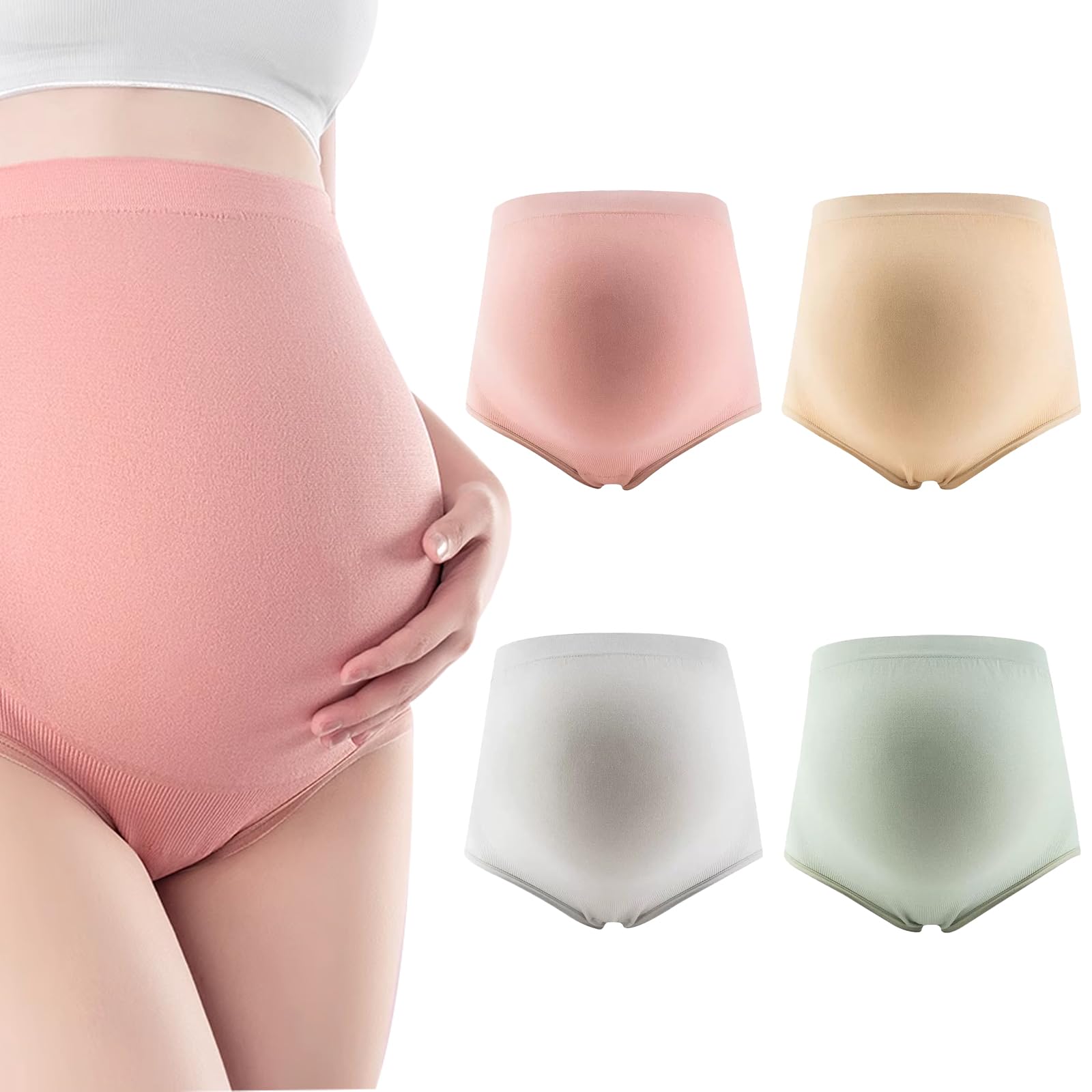 Xdealcozyxc Women's Pink Green Skin Color Gray 4 Pcs Maternity Knickers, Xl Size High Waist Stretchable Pregnancy Panties, Breathable Soft Overbelly Maternity Briefs
