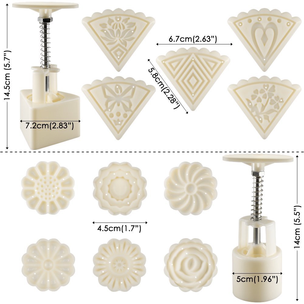Senhai 2 zestawy foremek Mooncake Mould Press 50 g z 11 znaczkami, kwiaty i trójkątne kształty, narzędzia do dekoracji ciastek DIY, kolor biały