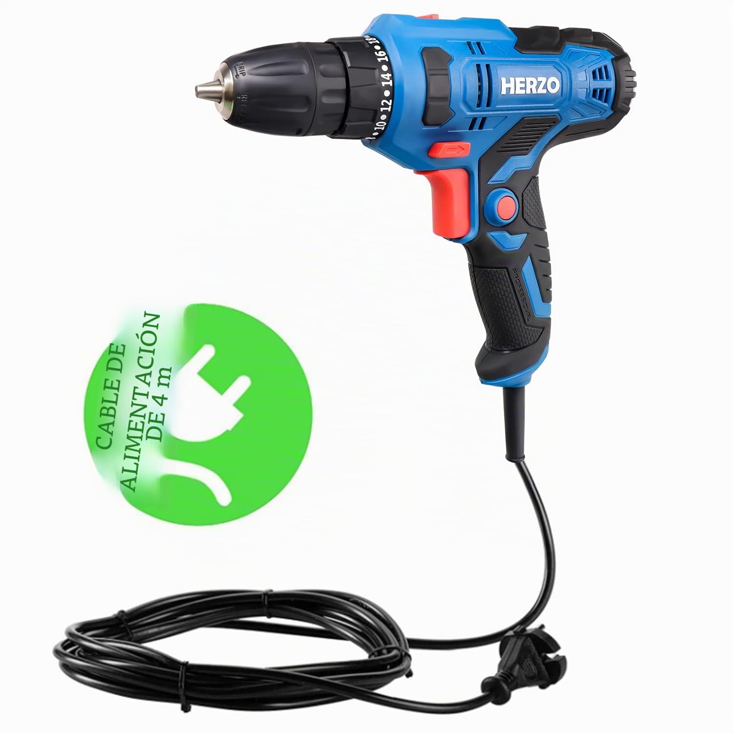 HERZO Taladro/Atornillador Configuración de 2 velocidades 300W 20 + 1 Par con 4M de Longitud Del Cable Bueno Para Daily Inicio Los Trabajos de Perforacion
