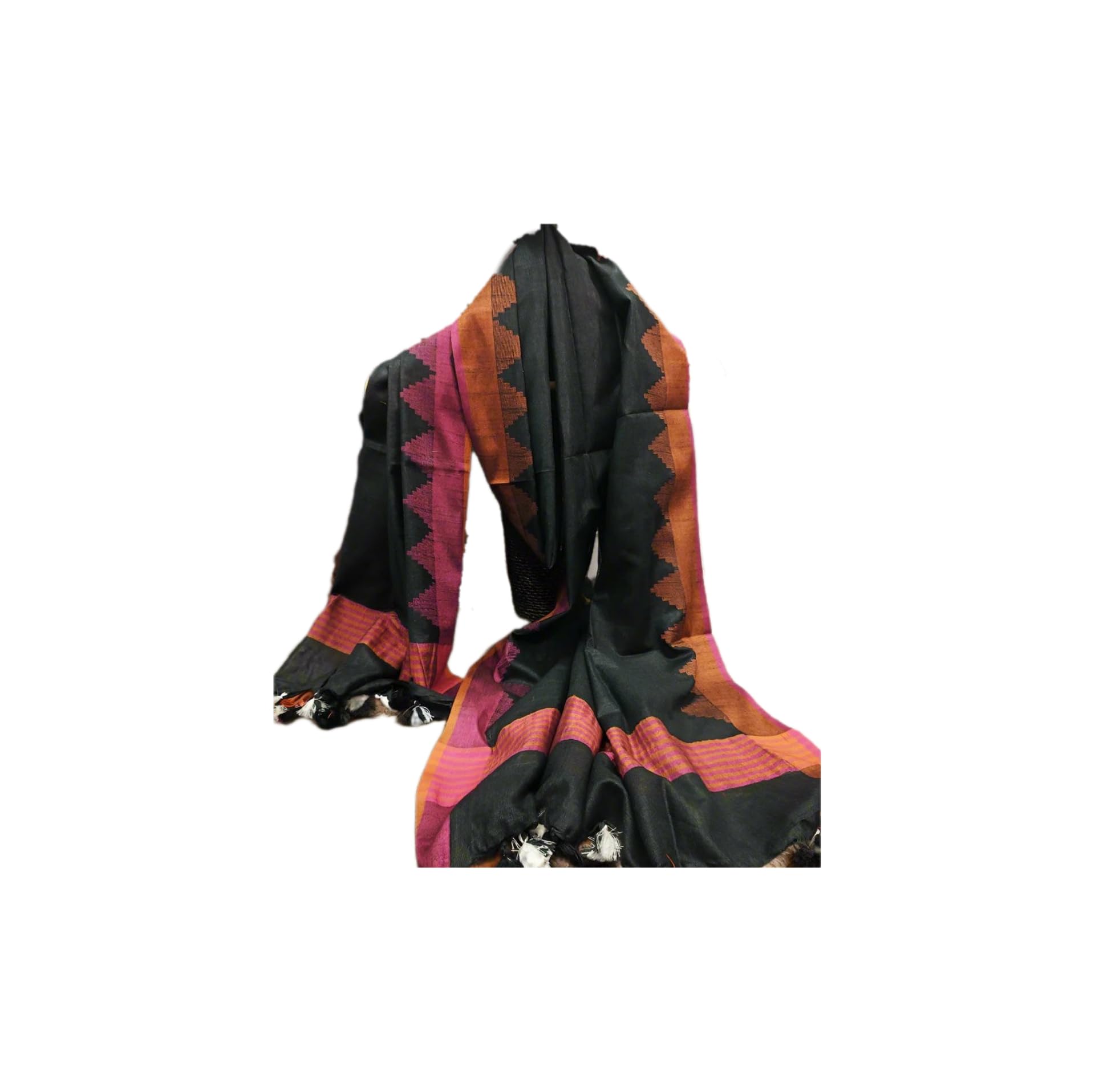 zh clothing brand Women's Handwoven Temple Border Semi Linen Dupatta with Tassels, 2.45m-picture-41