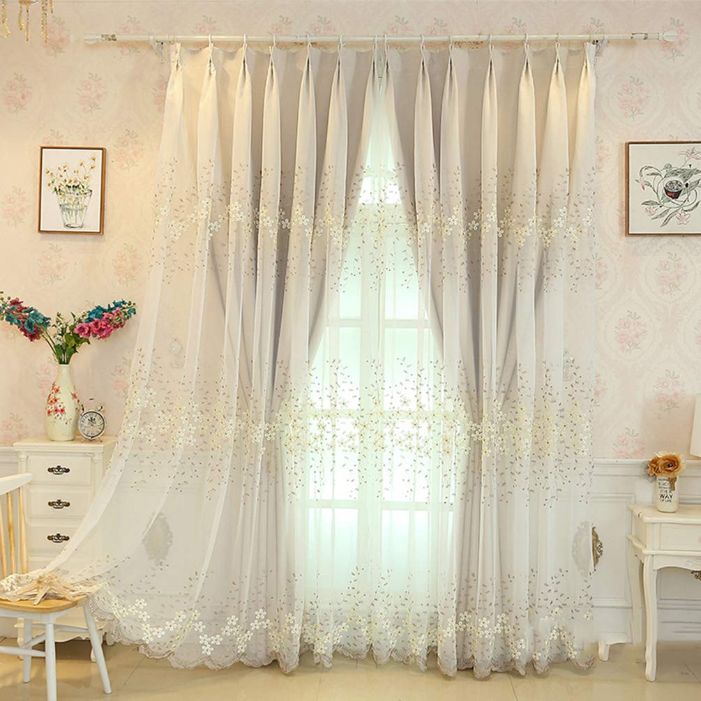 Rideau occultant double couche avec tulle brodé blanc de style romantique pour salon ou chambre