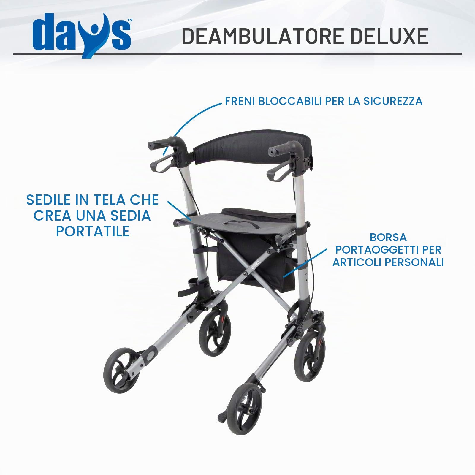 Days - Girello con 4 Ruote, Leggero, Pieghevole, si Conserva Facilmente, Adatto per i Viaggi, con Borsa di Trasporto, Ausilio per la Mobilità, Altezza della Seduta Regolabile, 55 cm