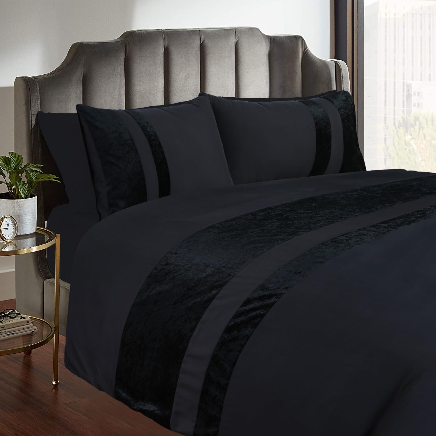 Casabella Black Luxury Crushed Velvet Panel Band Duvet Cover Sets With Pillow Case Single Duvet Cover Bedding Set – Crush Velvet Single Duvet Cover Sets