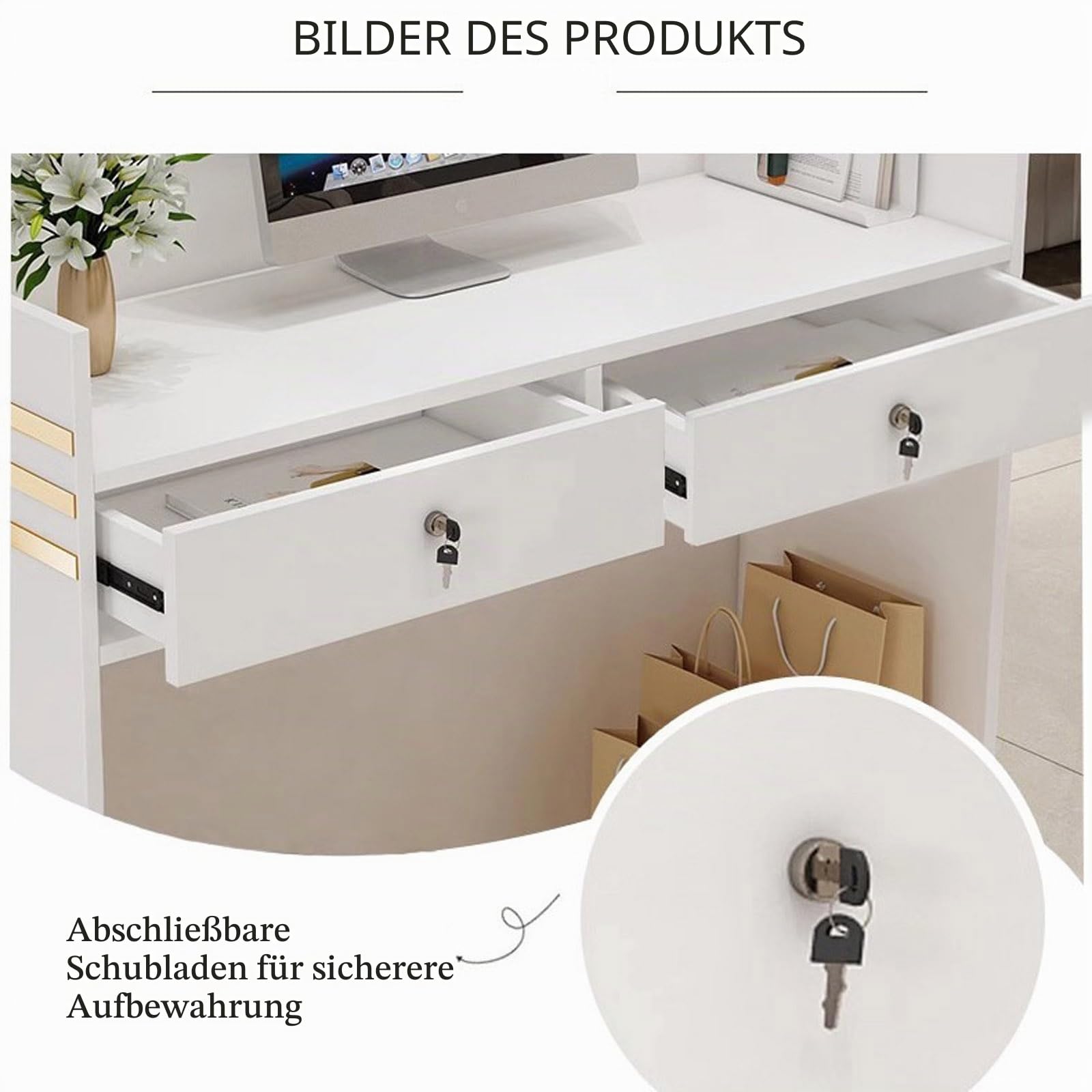 Generisch Empfangstresen, Holz-Theke für Kasse & Einzelhandel, Rezeption mit 2 verschließbaren Schubladen, goldene Zierleisten, für Büro Boutique Spa (Weiß)
