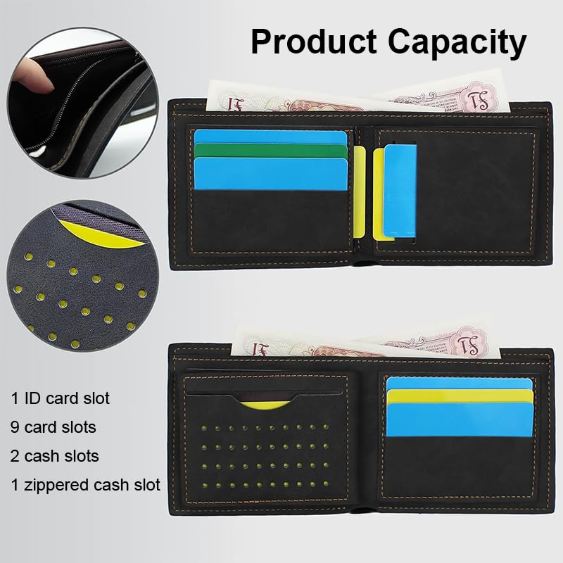 Wallet for Men, Men's Slim Durable PU Wallet, With 9 Card Holders, 2 Cash Pockets, 1 Zipped Compartment, Black4