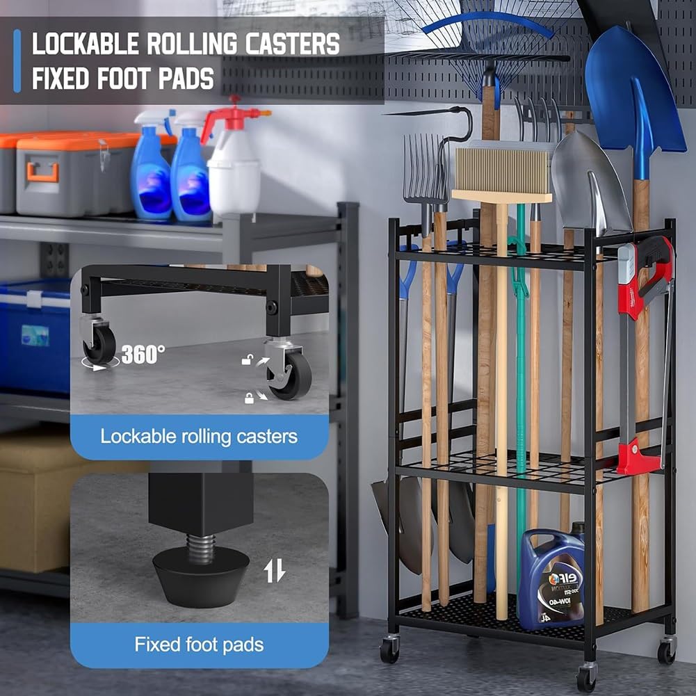 Organiseur d'outils de jardin pour garage, étagère à outils électriques, porte-outils avec 3 crochets, chariot à roulettes