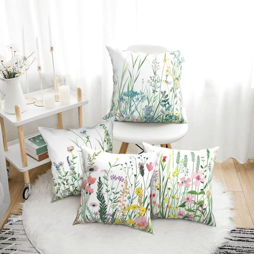 Kissenbezug 60x60 cm Wildblumen Sofakissen 4er Set Leinen Dekokissen Kissenbezüge Couchkissen Gras Outdoor Kissen Zierkissen Kissenhüllen für Schlafzimmer, Sofa, Stuhl, Bett, Garten Deko Kissen -LI87