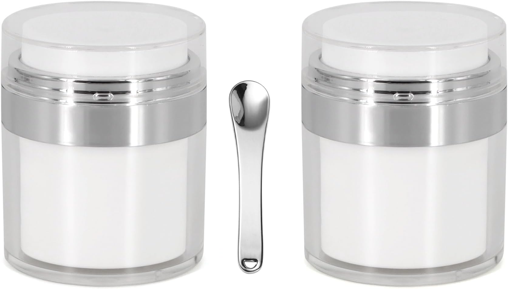 2Pack Airless Pump Jars with Cosmetic Spatula, 1.7 oz Empty Refillable Cosmetic Air Pump Jars Bottles Airless Lotion Cream Dispenser Portable Travel Makeup Containers (Silver)