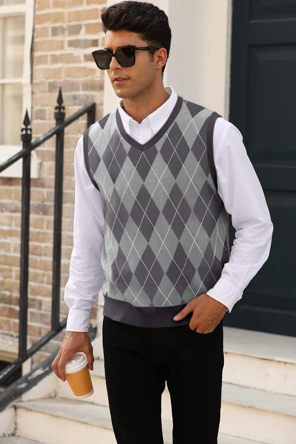 Mens Argyle Knitwear Vest V Neck Sleeveless Casual Slim Fit Pullover Knitted Sweater - Image 2
