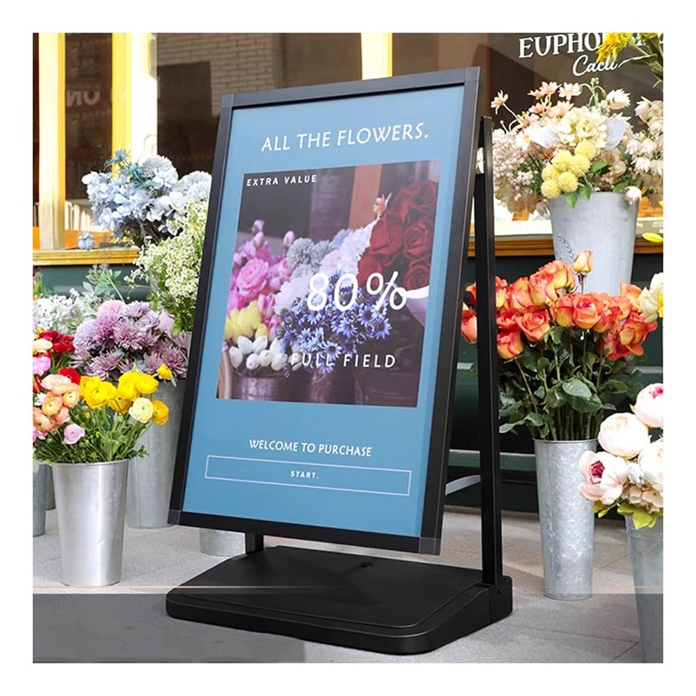 Heavy-Duty Outdoor Sidewalk Sign Holder with Refillable Water Base and Wheels for Durable Poster Display