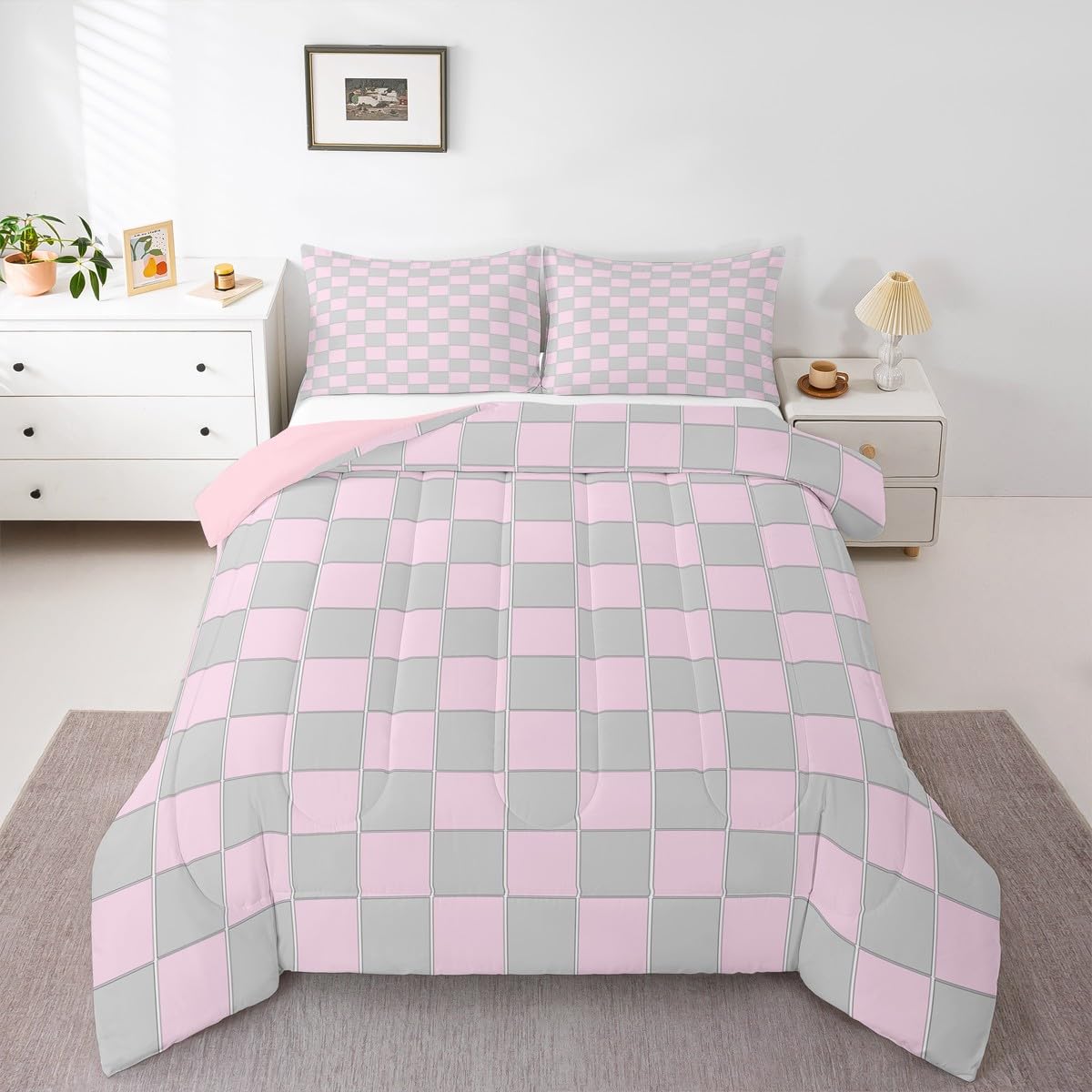 Erosebridal Girls Pink and Grey Comforter Set King Cute Checkered Kids Bedding Set Room Decor-Geometric Grids Plaid Comforter,Modern Fashion Gingham Quilt Duvet Soft Lightweight