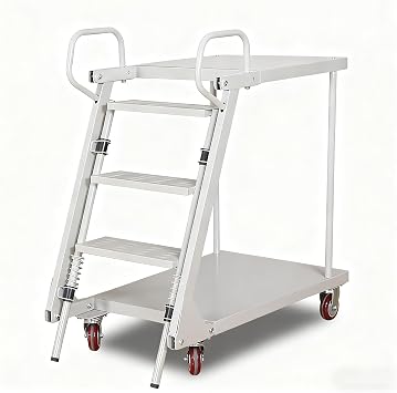 Rolling Stairs, 3-Step Mobile Warehouse Ladder, Heavy Duty Rolling Ladder with Lockable Wheels, Industrial Platform Cart for Warehouse, Garage, Retail 660LBS Capacity White, 3 Steps