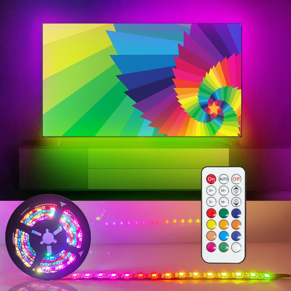 ICIH 3.3ft/1m 60LEDs Waterproof RGB Color Change with Remote Controller Flexible TV 5V 12W USB LED Strip Light