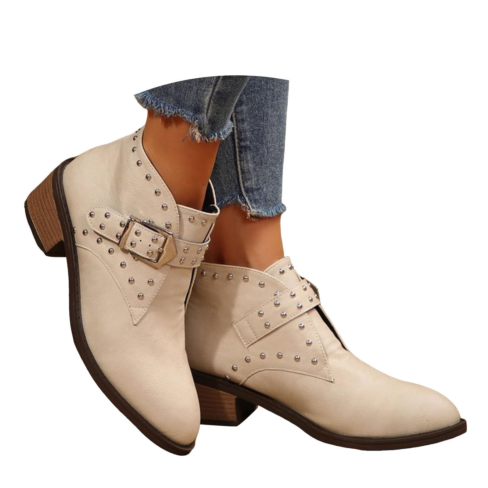 Rivet Ankle Boots for Women 2025 Wide Width Slip On Western Retro Leather Pointed Toe Chunky Stacked Heels