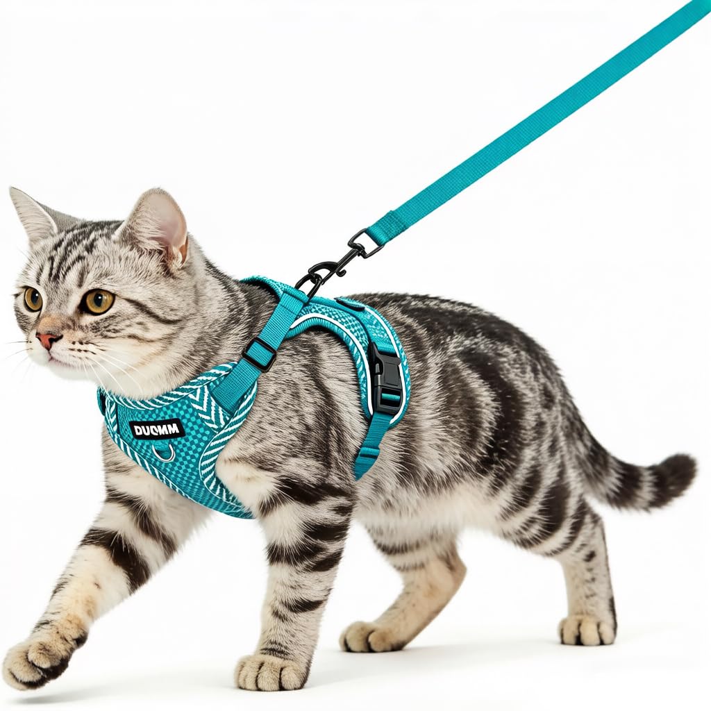 Cat Harness and Lead Set, Escape Proof Kitten Harness with Leash Adjustable Lightweight Soft Vest Harnes s with Reflective Strips, Breathable Mesh for Cats Safe Outdoor (Blue, M)