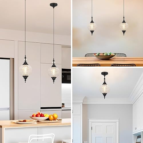 Miniatura 3 de Paquete de 2 luces colgantes para isla de cocina, lámpara colgante vintage negra con pantalla de vidrio desmontable, luz colgante ajustable para