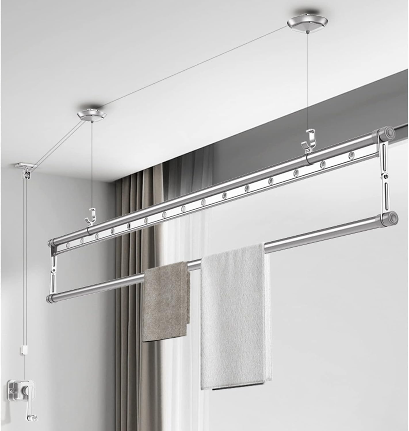 Aluminum Alloy Ceiling Clothes Drying Rack, 1.5m Foldable Pulley Laundry Rod for Indoor Use, Space-Saving Vertical Design, Ideal for Balconies and Apartments, Gold Silver 1.5M(59in)