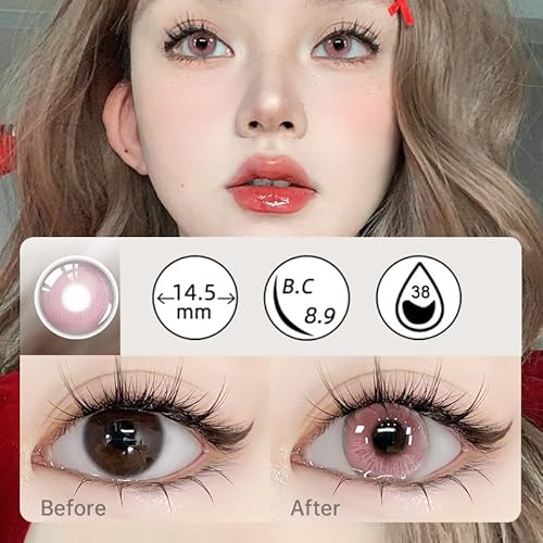 BEAUYWL Anime Kosplay Farbige Kontaktlinsen ohne Stärke mit Schwarz-Rand & hohem Wassergehalt - Jahreslinsen für Halloween Cosplay Costume Karneval Festival Party - 1 Paar (Rosa)