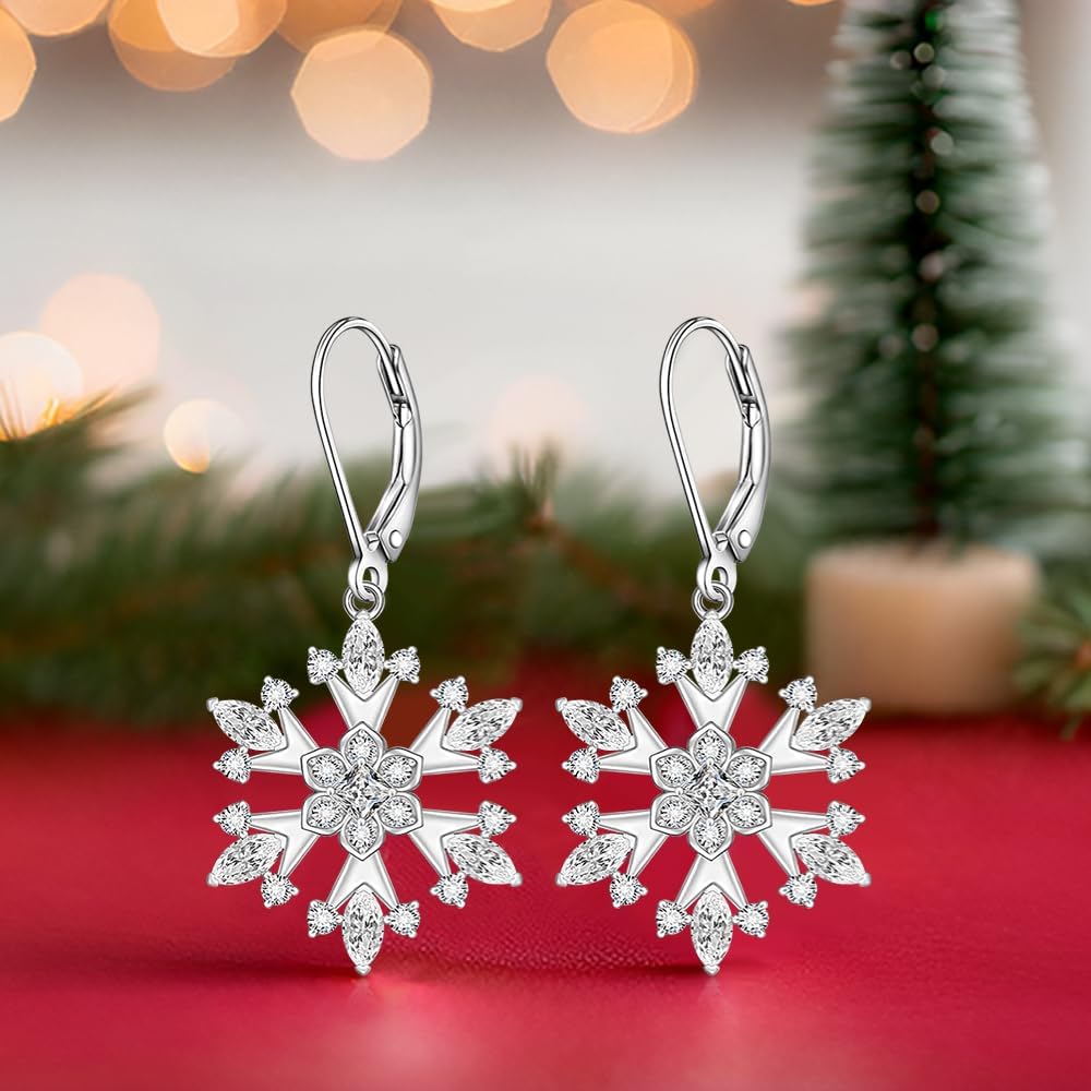 Christmas Snowflake Earrings for Women Sterling Silver Snowflake Dangle Earrings Dangling Winter Flower Holiday Jewelry Gifts