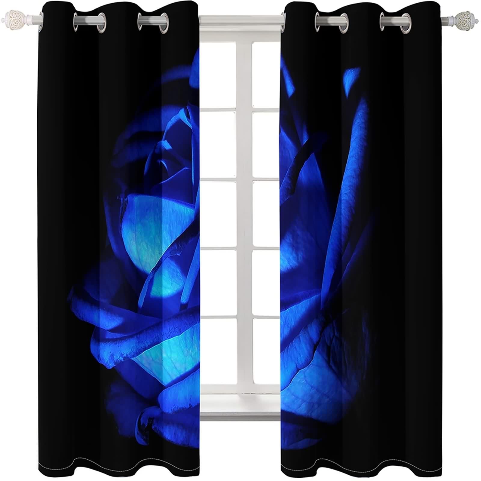 Rideaux Polyester, Rideau Fenetre Chambre Bleu Noir Pétales Bleus Décoration 244L x 214H CM Lot de 2