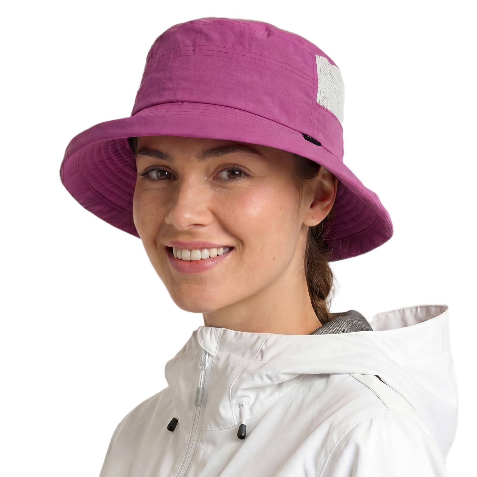 TOP-EX Women's Sun Hat with Ponytail, UPF 50 Wide Brim Fishing Hat for UV Protection, Waterproof Rain Hat, Bucket Hat with Chin Strap, Breathable Summer Mesh, Foldable, Outdoor Safari, fuchsia