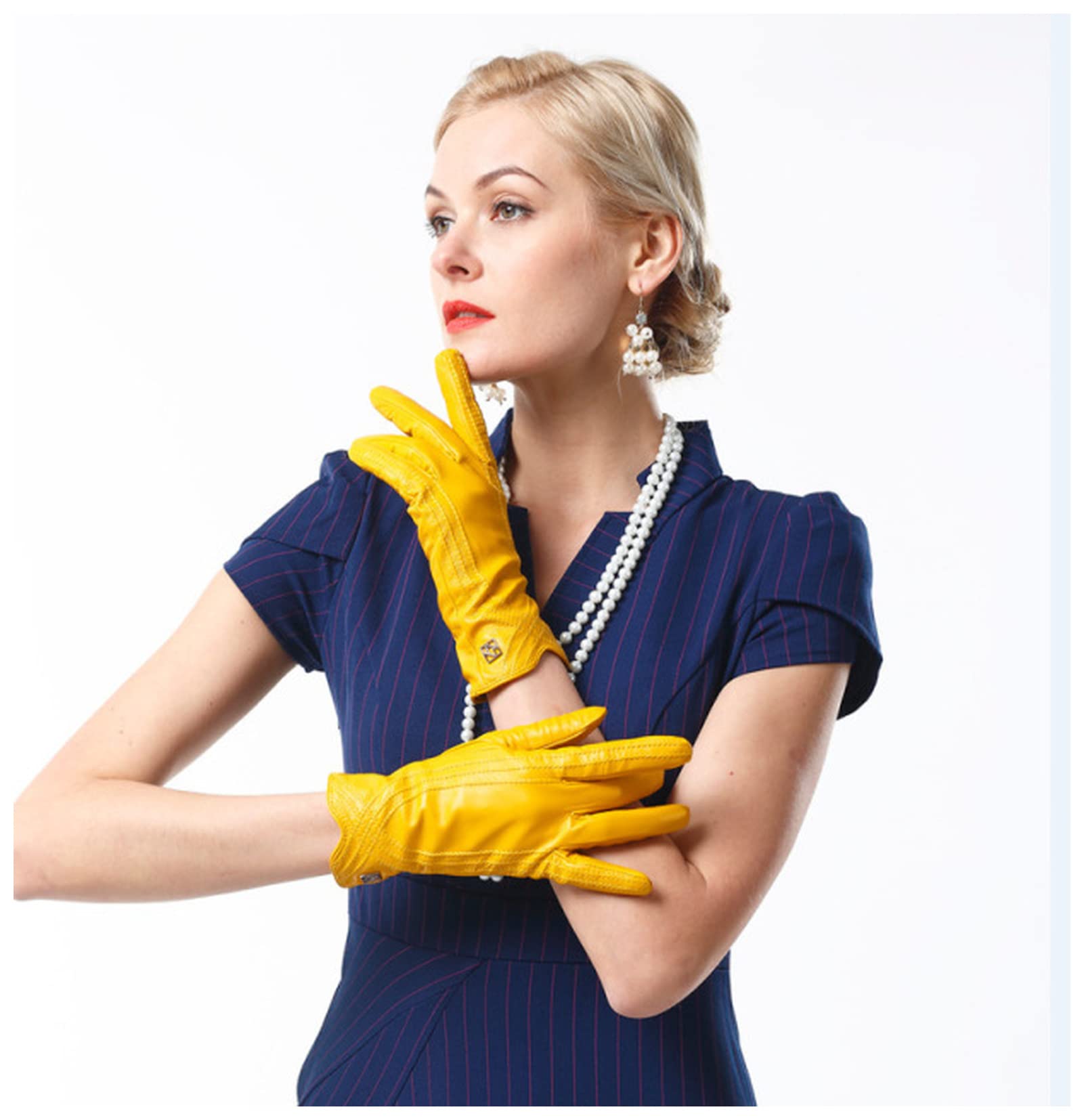 Handschuhe Frauen Lederhandschuhe Echtes Leder Thermische Kaschmir-lining winter warme cremey weiße fahrende Handschuhe Party Dame Handschuhe Damenhandschuhe(Style2 Yellow,M Pam Width 18.2cm)