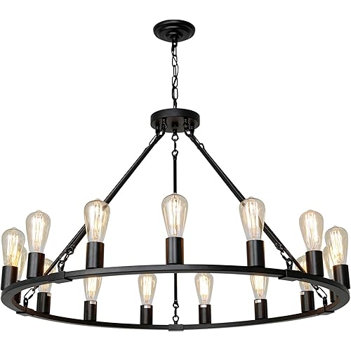 Wagon Wheel Chandelier 15-Light Farmhouse Chandelier, Dia 40'' Black Modern Chandeliers for Dining Room, Industrial Dining Room Light Fixture for Kitchen Island Living Room Foyer
