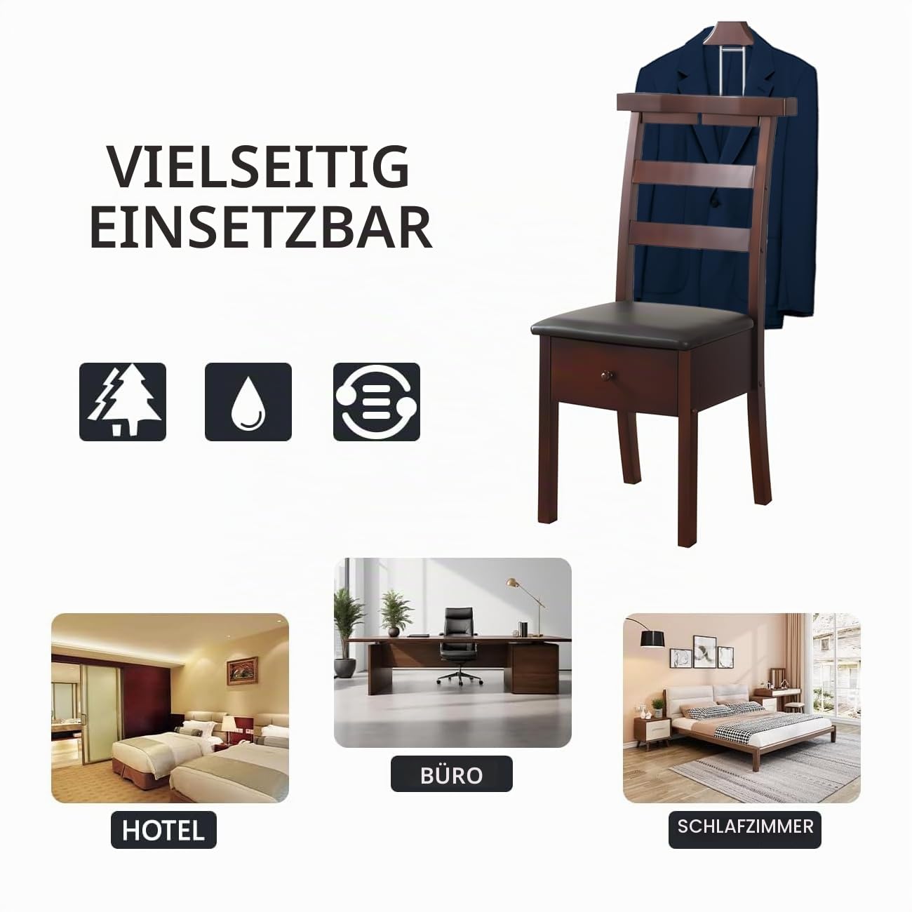 Natur Herrendiener mit Kleiderbügel Accessoire-Fach und Hosenbügeln Stuhl Valet aus Holz mit Schubladen Diener Kleiderständer faltenfreie Anzüge für Schlafzimmer Stummer Diener Damen Herren