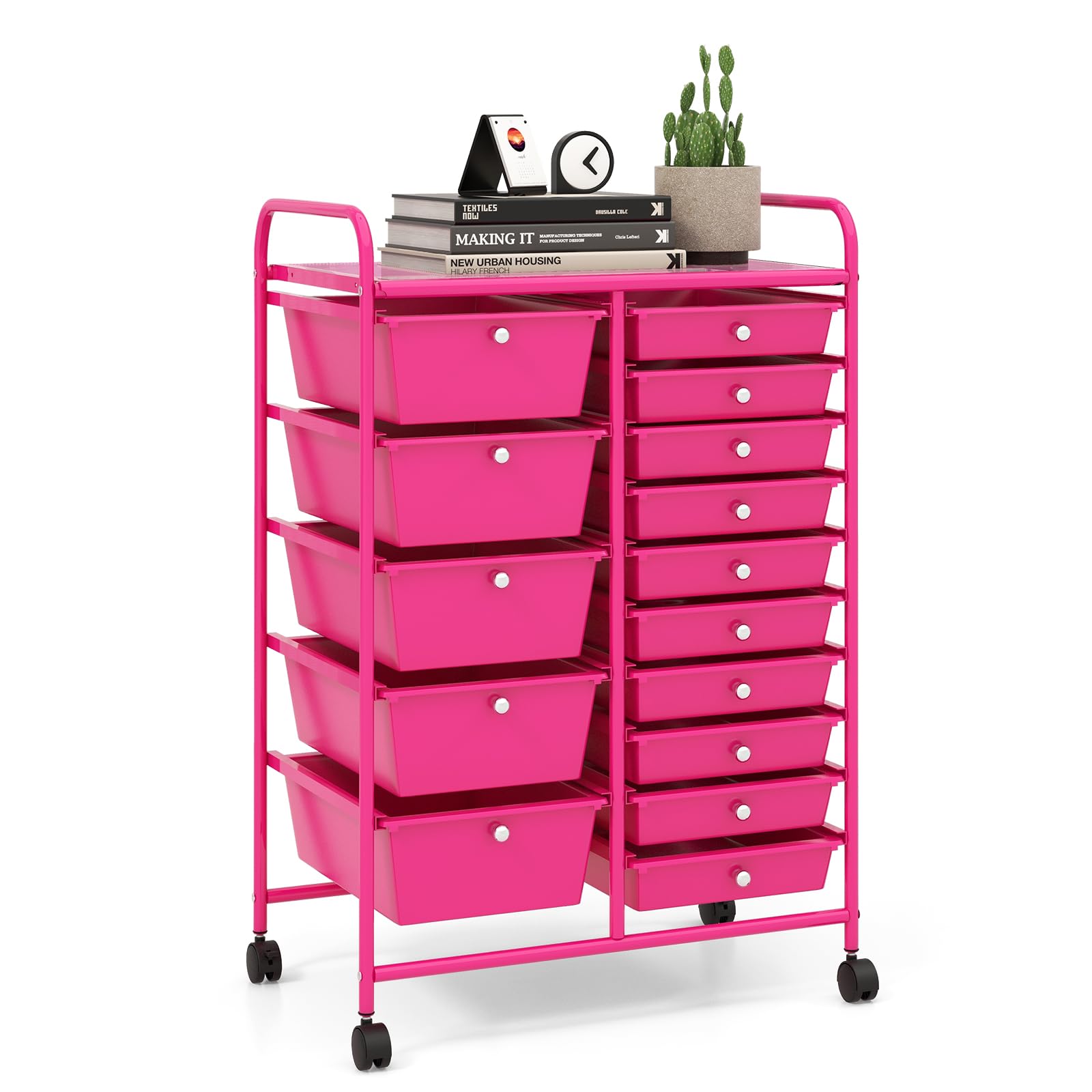 LDAILY 15 Drawer Rolling Storage Cart, Rolling Cart with Drawers for Classroom, Art Supply Craft Organizer on Wheel with Metal Frame &amp; Handles for Home Office School