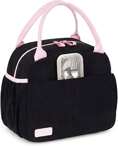 Miniatura 20 de LEDAOU - Caja de almuerzo para mujer, bolsa de almuerzo aislada, bolsa de mano de corduroy, bolsa de almuerzo a prueba de fugas, estuche de almuerzo