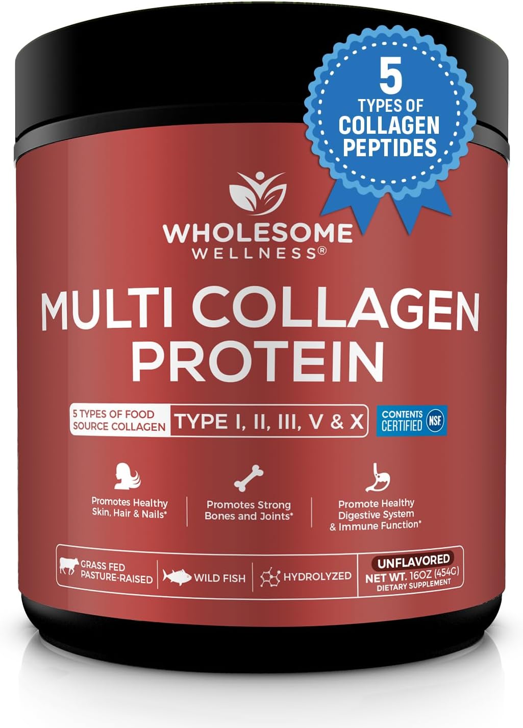 Product image of Wholesome Wellness Multi Collagen Protein Powder Hydrolyzed (Type I II III V X) Grass-Fed All-in-One Super Bone Broth + Peptides - Premium Blend of Beef, Chicken, Wild Fish, Eggshell, 58 Servings