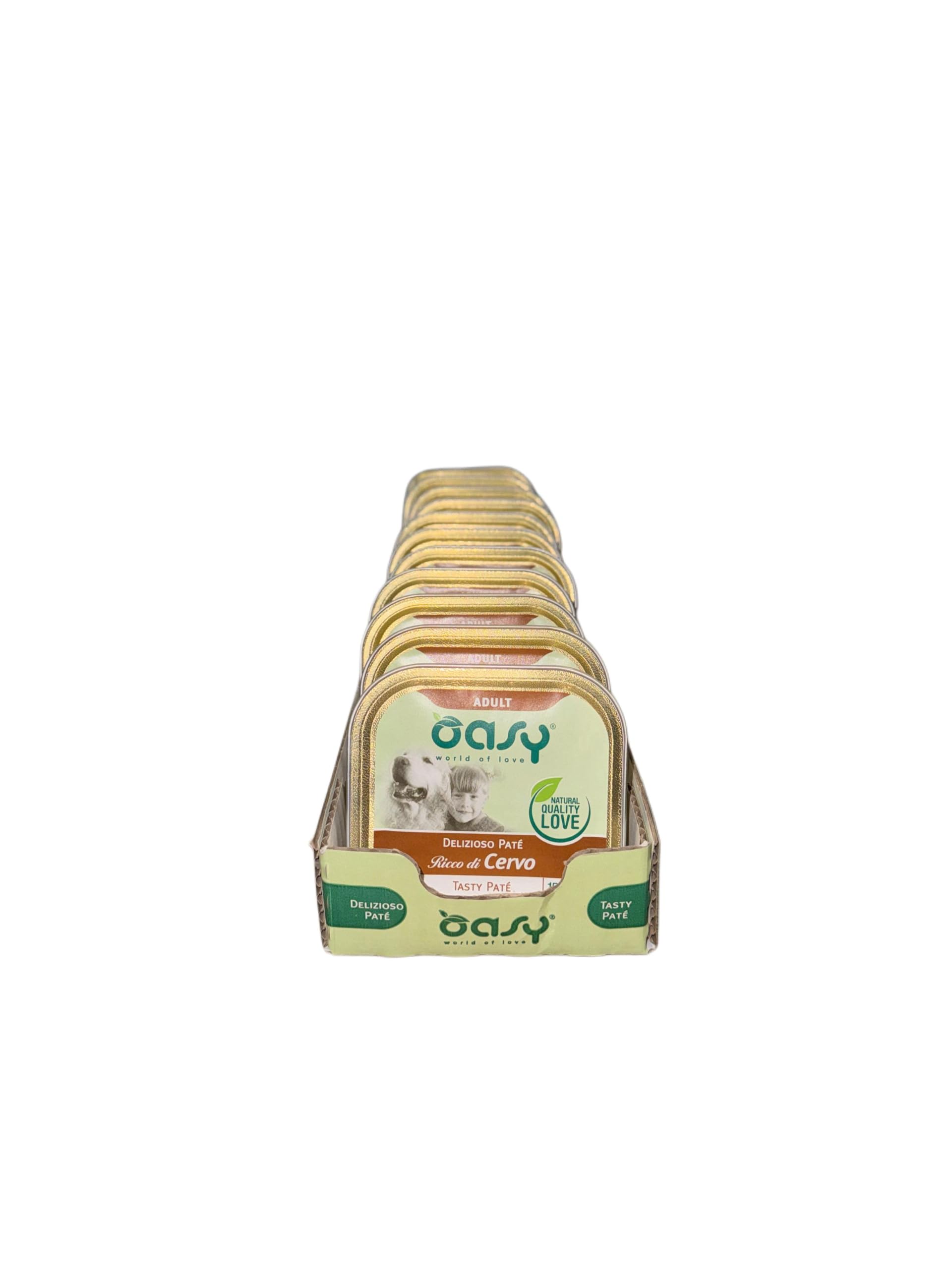 Oasy delizioso patè per cani adulti di tutte le taglie, gusto CERVO | 11 vaschette da 150 grammi l'una.