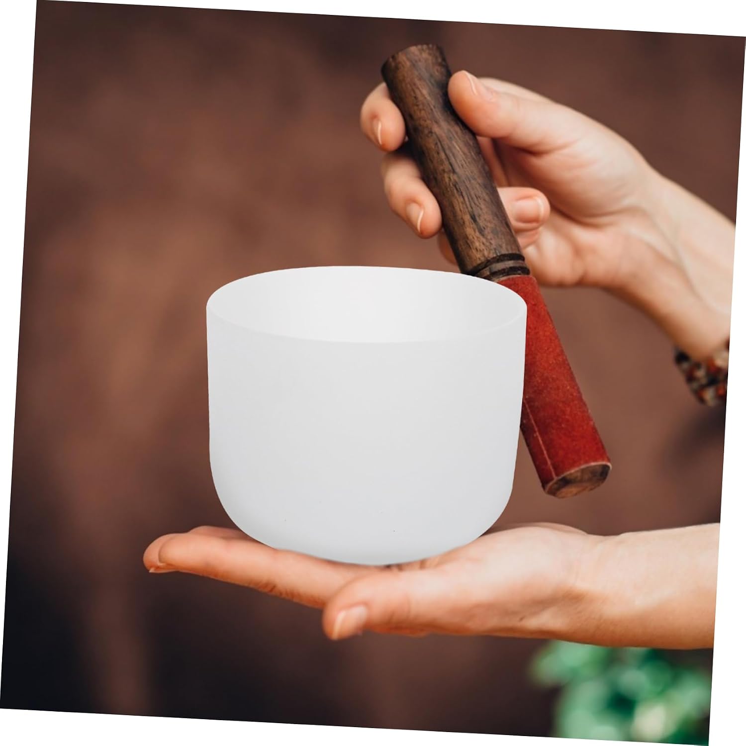 White Singing Bowl with Stick for Yoga Meditation Relaxing Sound Therapy Crystal Chakra Healing Home Use and Decor