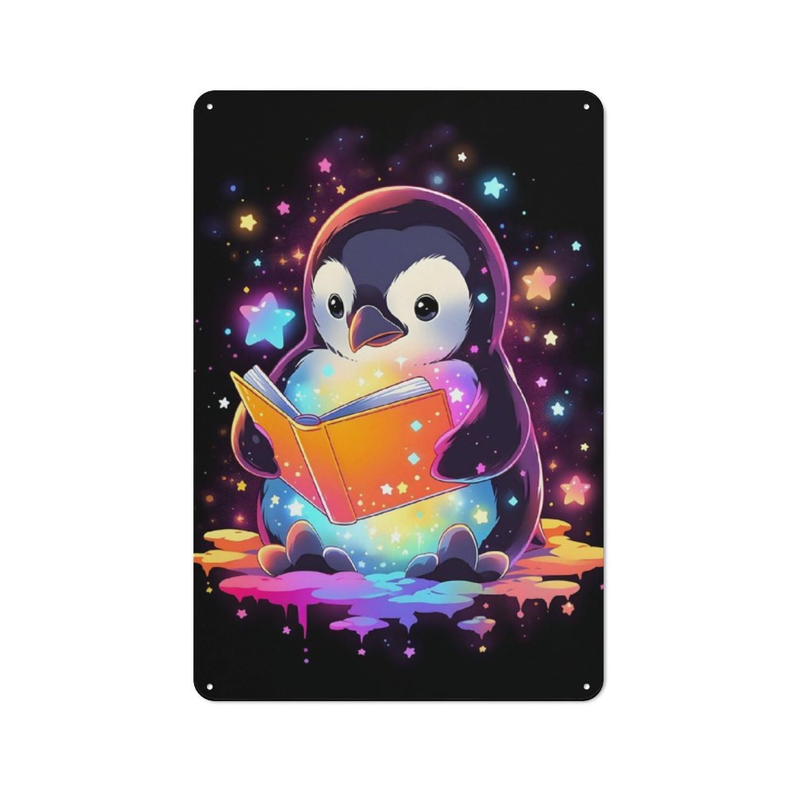 Junmoney Space Penguin Reading Book Rustic Metal Sign 30X20cm Featuring For Hallway Wall, A Decorative Gift For A Newly Furnished Hallway