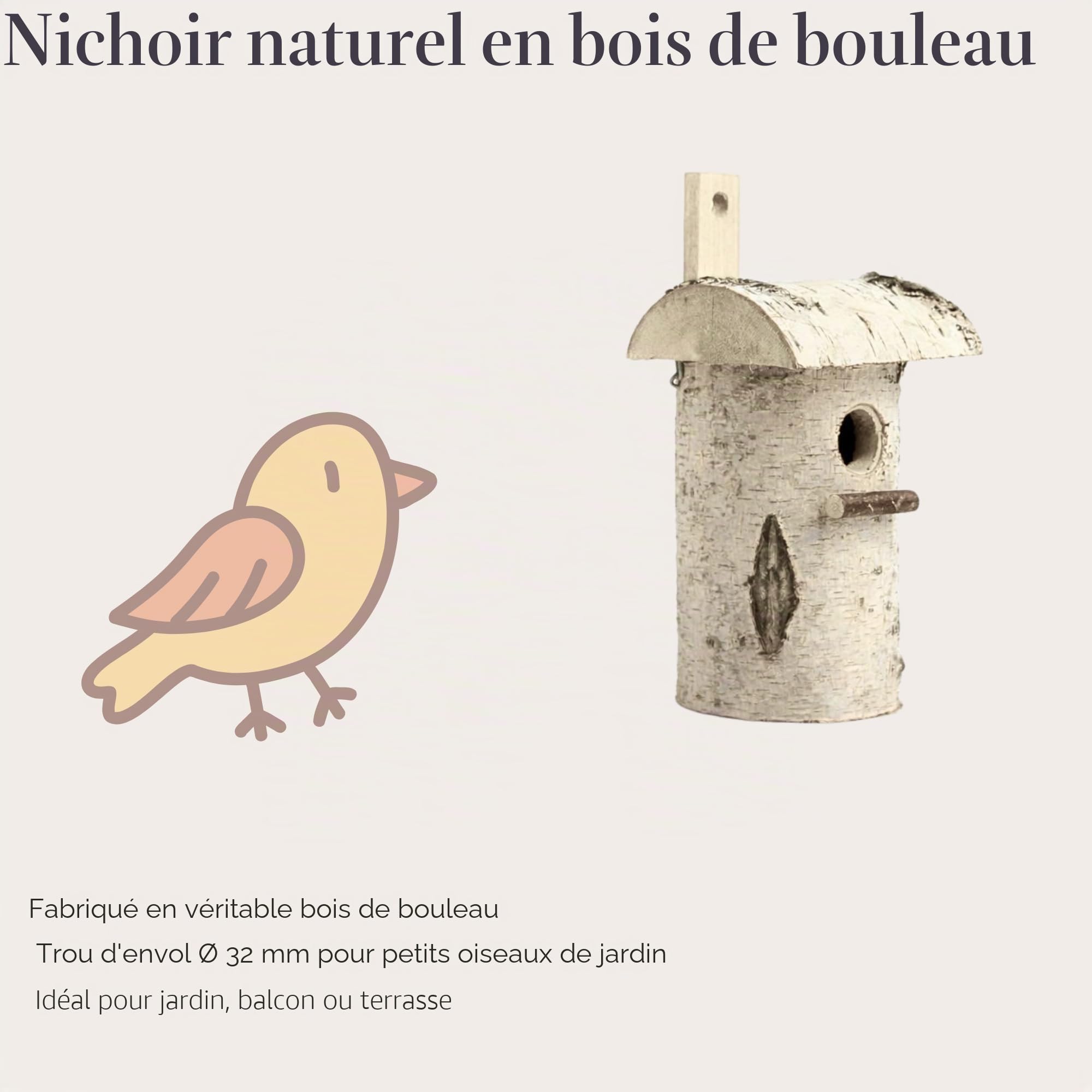 Nichoir pour oiseaux, grotte de nidification en bouleau (25 x 14 cm) 32 mm