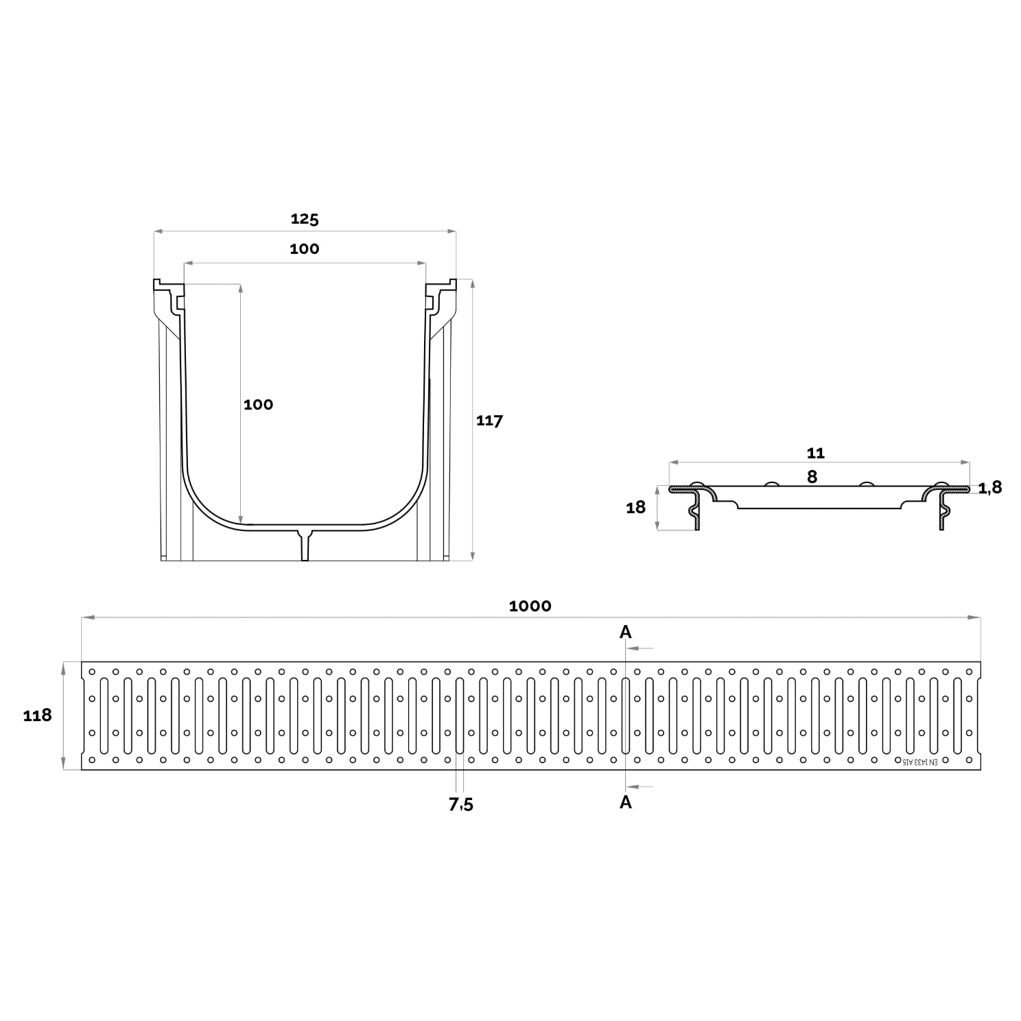 Jardibric - Caniveau Drainage A15 1 m - Grille Acier Galvanisée - Polypropylène - 118 x 118 mm