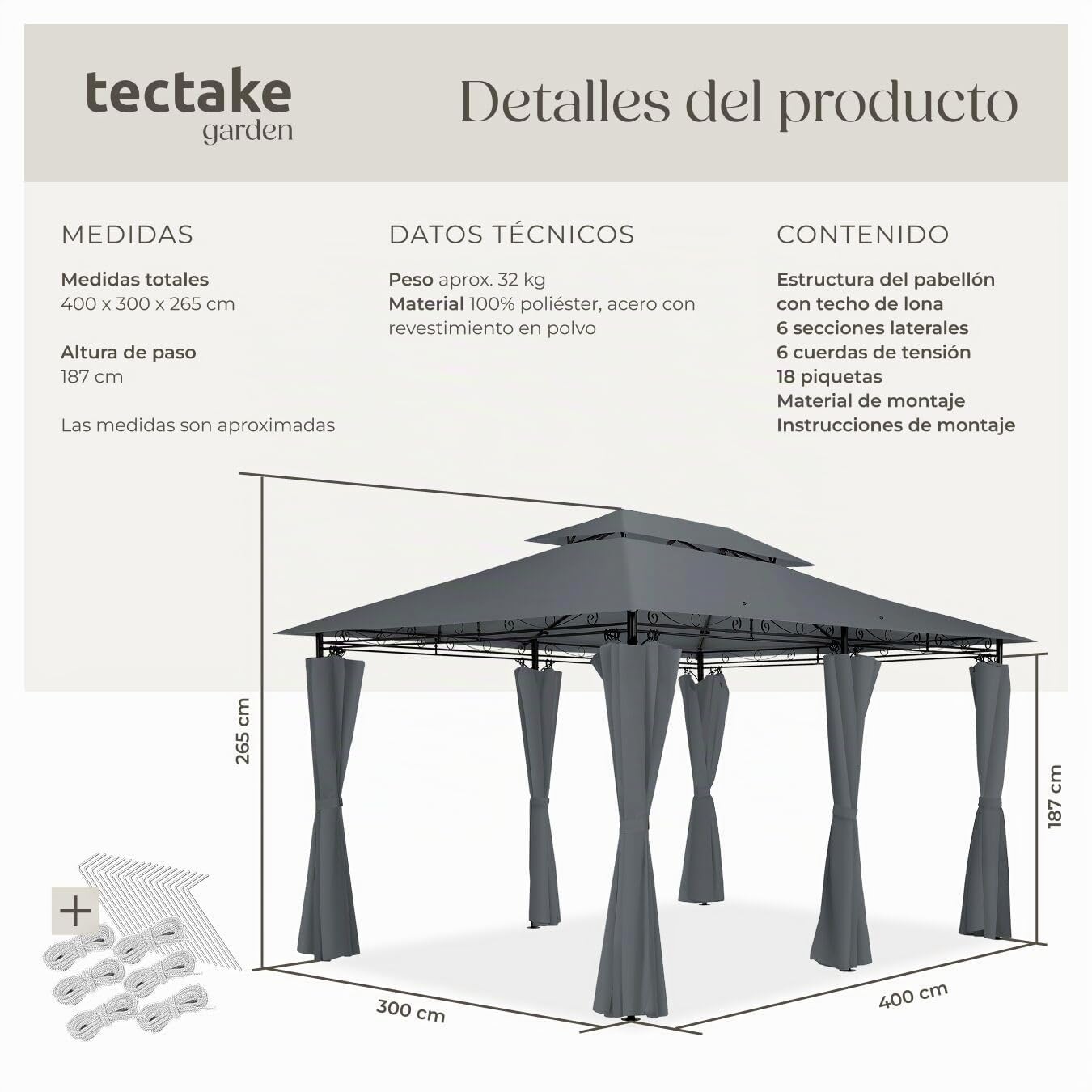 tectake® Carpa Pabellón, Cenador Jardín Exterior, Paneles Laterales, Cenadores para Jardin, Soporte Estable, Pergolas de Jardin, Carpas para Exteriores - 3x4 m Antracita