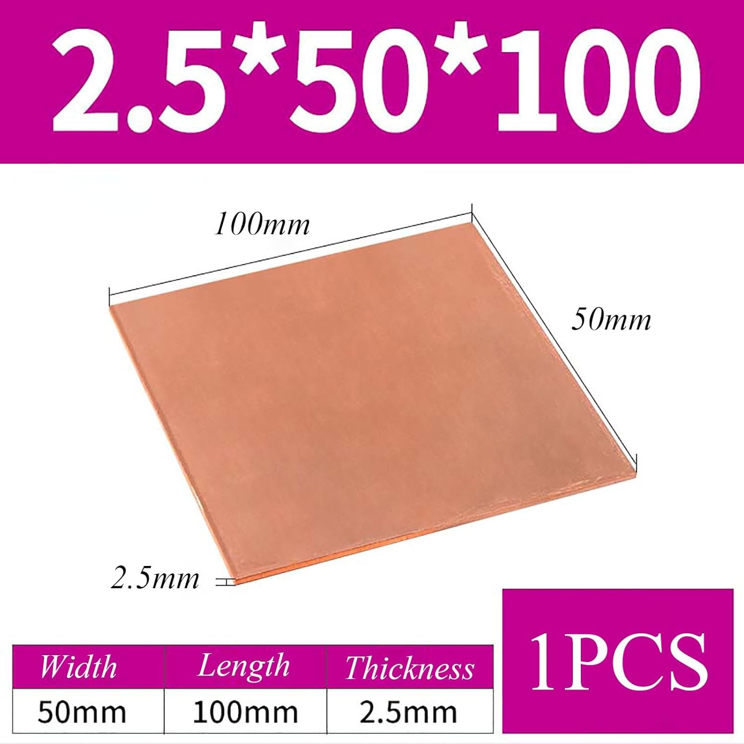 Blacha z czystej miedzi, grubość 2,5 mm, blacha miedziana do rzemiosła, biżuterii, napraw, elektryki, przemysłu, 2,5 * 50 * 100 mm(2.5 * 50 * 100mm)