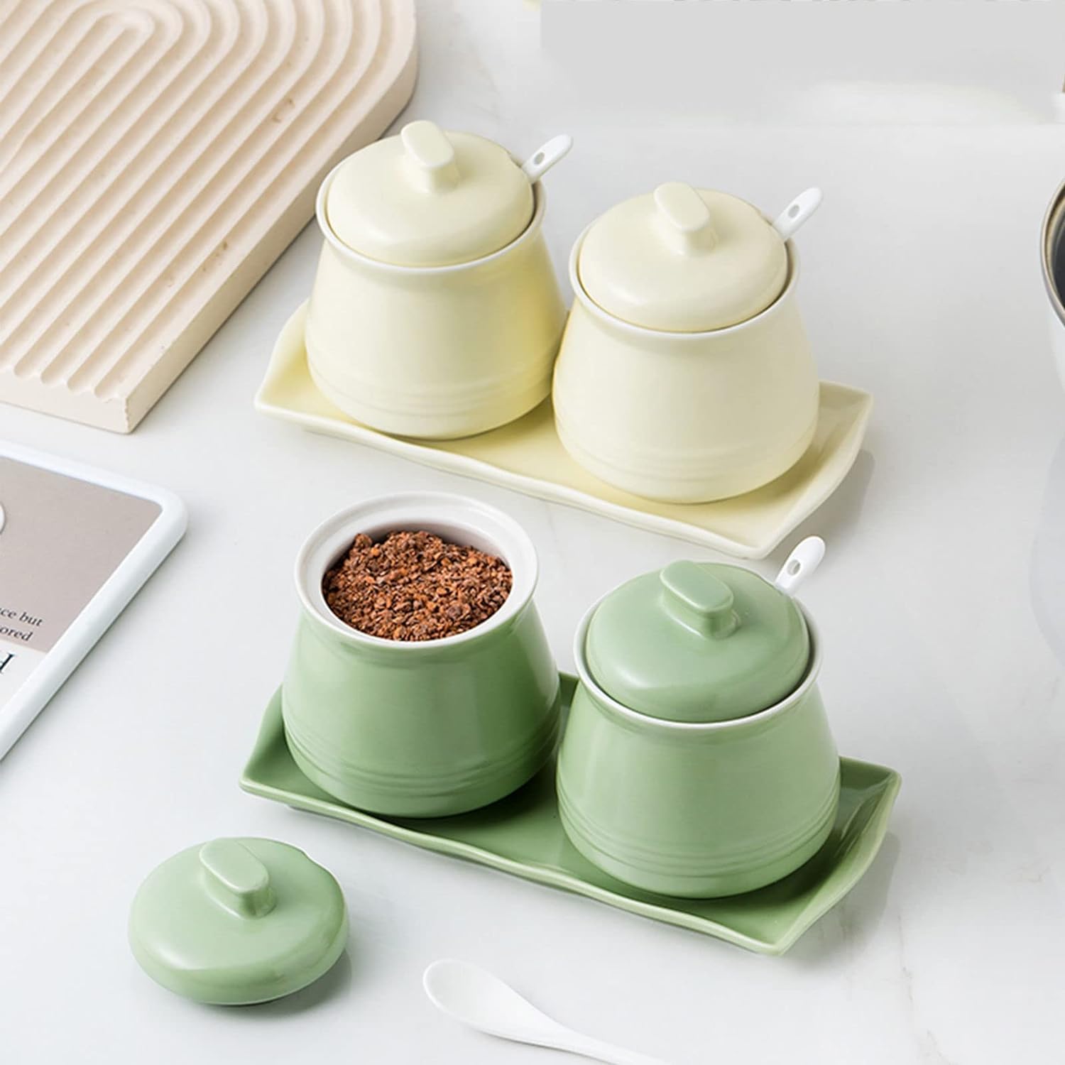 Un bol de sucre, un récipient de sucre Sucrier avec couvercle, pot à sel et à sucre, pot à assaisonnement, pot de stockage de sucre, pot à sucre, récipient à sucre, pot à épices-vert-sucrier(Green)