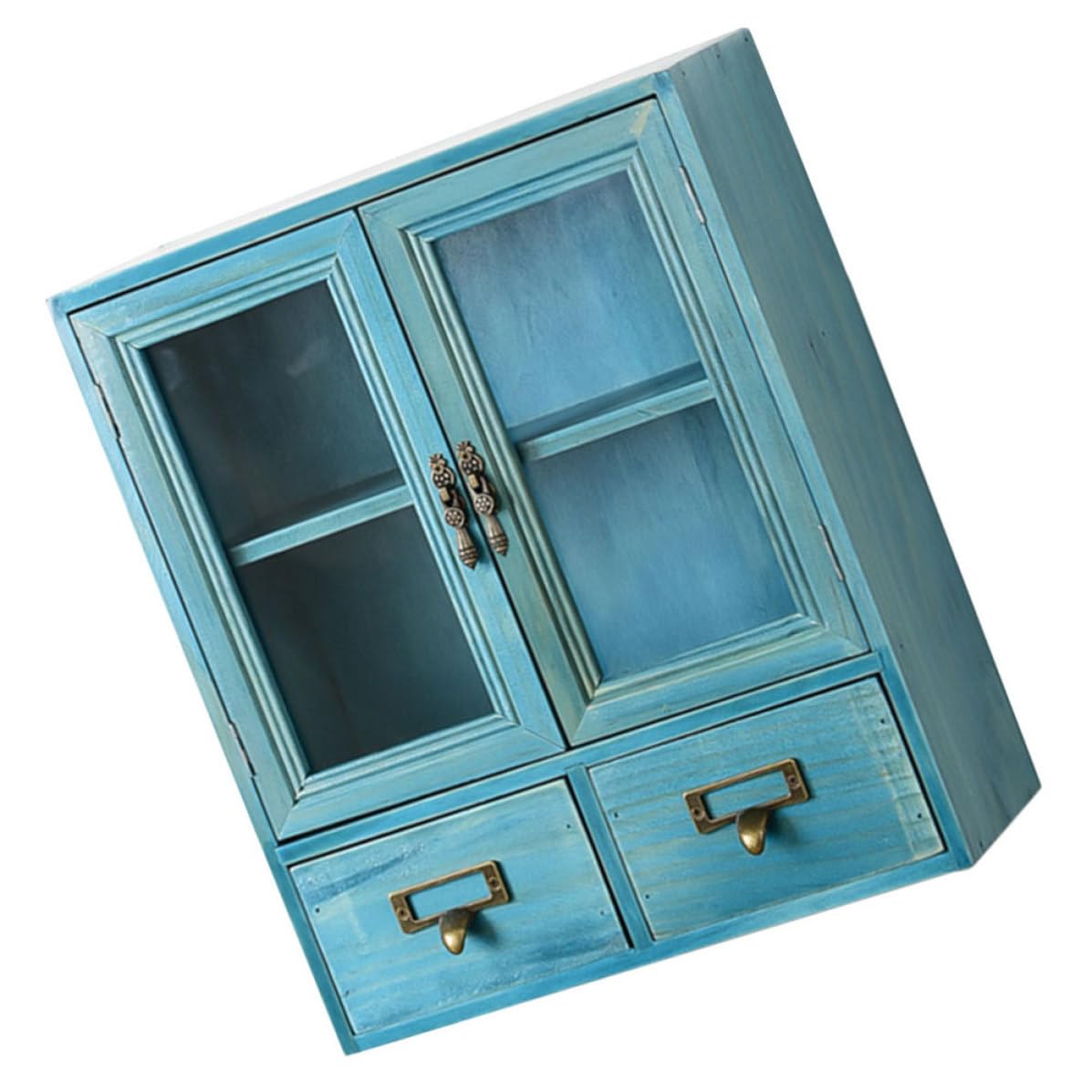 Homoyoyo Organizador de Maquillaje de Cajón de Madera Retro Azul con Doble Caja de Almacenamiento con Compartimentos para Joyas y Objetos Pequeños Diseño Práctico para Escritorio y Hogar