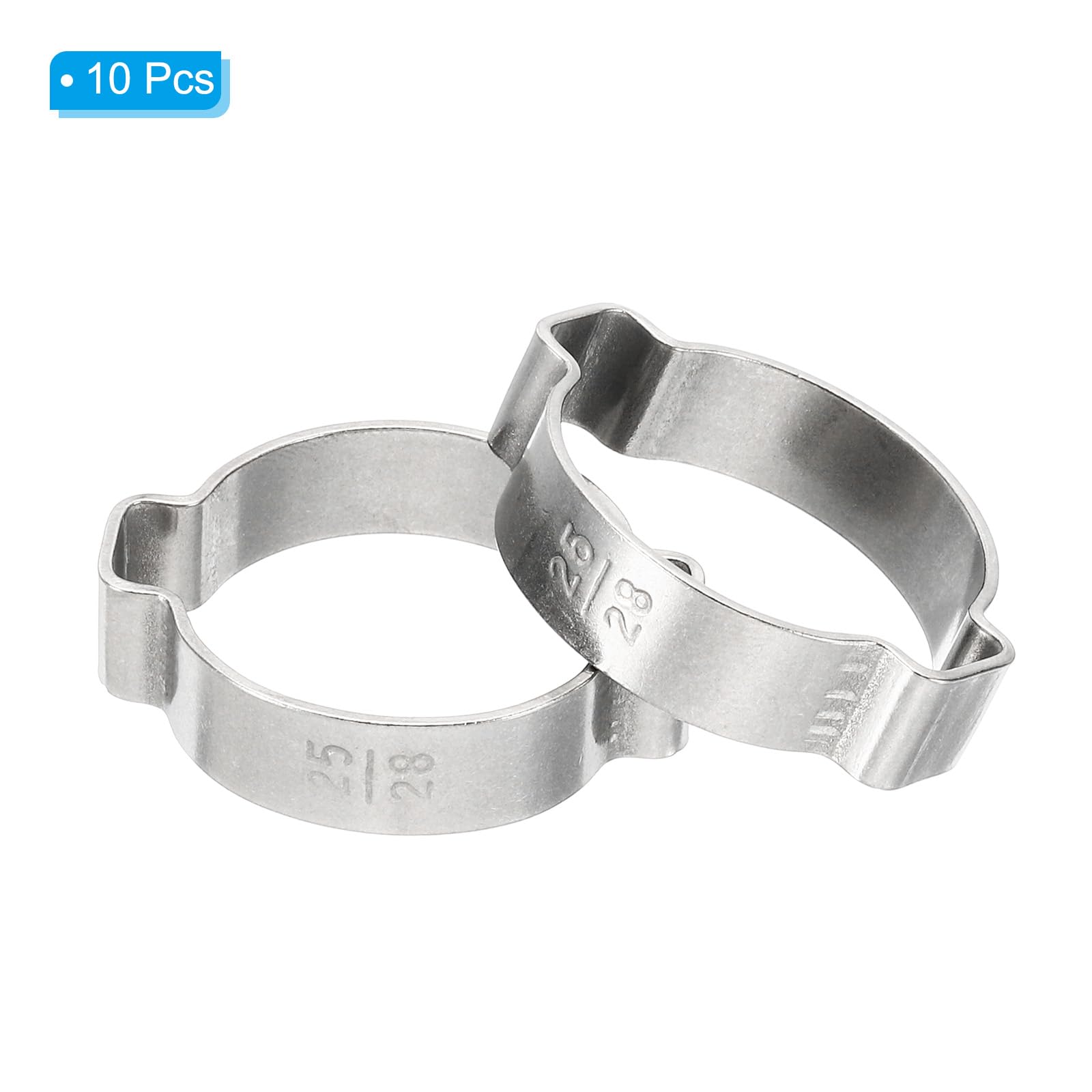 PATIKIL 10 Pack 25-28mm Double Ear Hose Clamp, 304 Stainless Steel O Clip Crimp Rings for Fuel Petrol Pipe Tube Fitting Connections, Silver Tone - Image 3