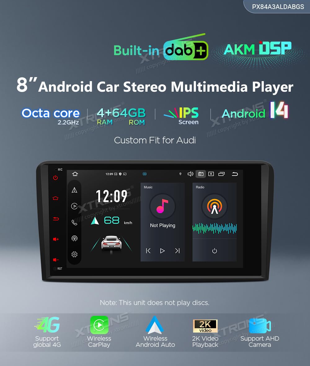 XTRONS Radio samochodowe GPS z systemem Android 14 do Audi A3, 4 GB RAM + 64 GB, WiFi, 4G, DAB+, CarPlay